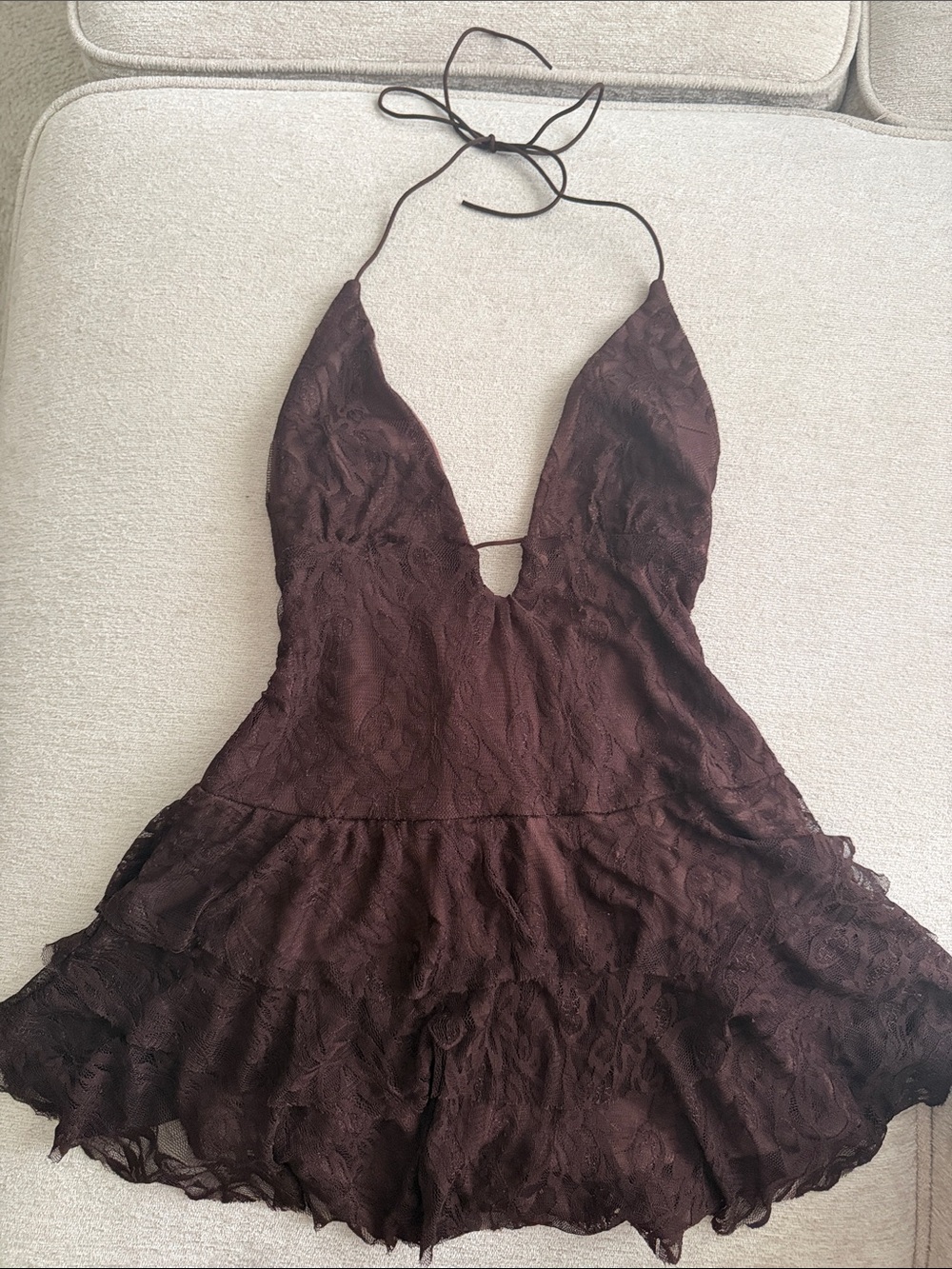 Deep Brown Lace Halter Mini Dress with built in shorts